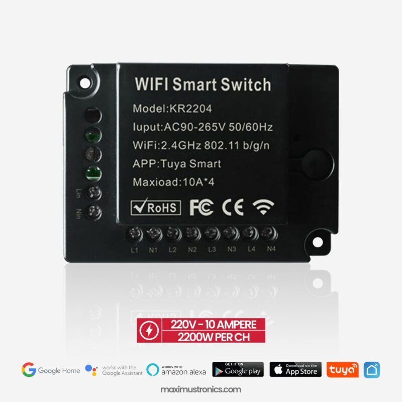 4CH 220V 10A Wifi smart switch - 4gangs - Tuya or smart life app - maximustronics